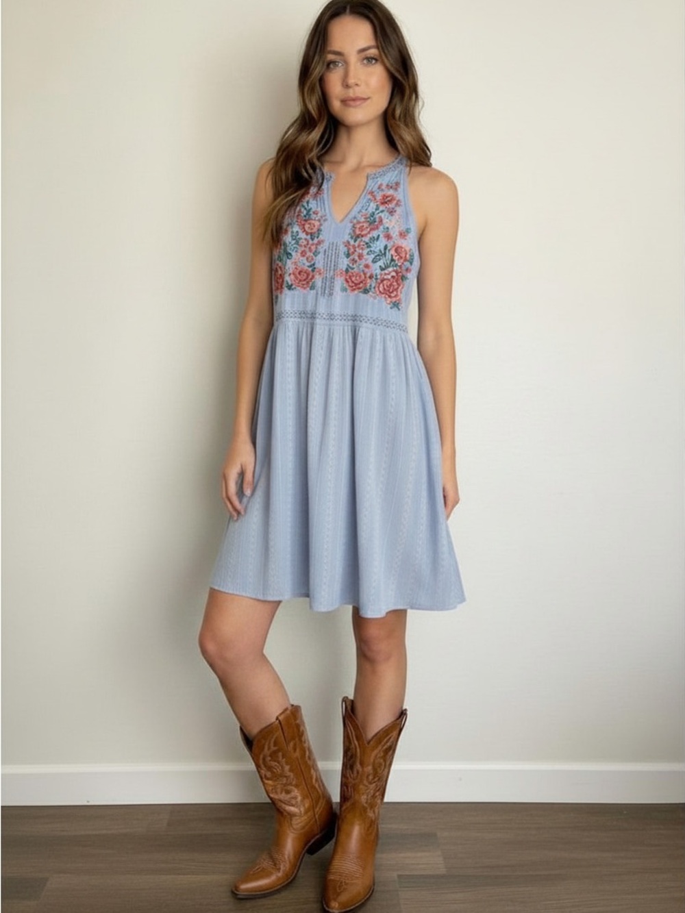Andrée by Unit Light Blue with Embroidery Flowers-Knit Short Dress - Medium